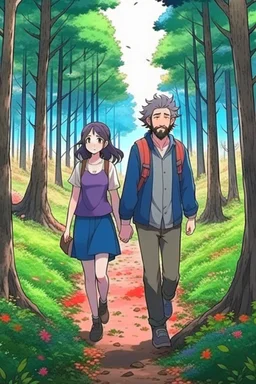 anime couple, walking, man with salt and pepper beard and woman with dark hair and blue eyes. Walking in forest