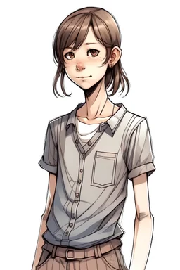 tom-boy girl of 13 years, realistic style, very thin body, lon arm, salopette dress