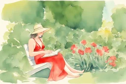 woman in red swimsuit reading a book in a beautiful garden in sunshine style Vittorio Giardino, stylized pen drawing and watercolor