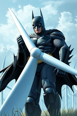 dc comics cover, giant batman holding a wind turbine, in a wind farm, very high quality, highly detailed, 4k