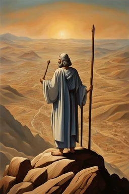 Moses stands on a mountain and holds a crooked wooden staff, at his feet are stone tablets on which the ten commandments of God are written, and below is a valley with the cities of Palestine of sands, tents and mountains. There is a silhouette of God in the sky. Everything is painted in oil painting with high-quality drawing of details