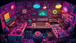 (top view perspective) a neon detailed cartoon adventure in a psychedelic gnome music producer all alone in his old, dilapidated music mushroom studio. analog music equipment all over. rare rave posters on the walls. tiny details in every corner of the room. 2 turntables and a mixer, tb303. gnomes hanging out in the room. futuristic music equipment. large speakers in the corner of the room. a sign reading: "Tomasito". both sides frame mushroom border. laser light show!!!
