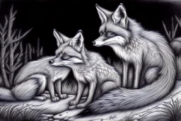 As twilight descends, the foxes awaken. Known for their sly and clever nature they prepare for their nocturnal adventures. - Pencil drawing.