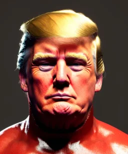 Wrestler Donald trump, wrestling, sweat, blood, red breeches, suspenders, retro style, 80s, hot ambient, photo studio, vibrant color, gradient, highly detailed, art stations, concept art, smooth, unreal engine 5, god rays, ray tracing, RTX, lumen lighting, ultra detail, volumetric lighting, 3d, finely drawn, high definition, high resolution.