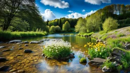 country side small river nice rocks at floor wild flowers blosom pretty sky and cloudes