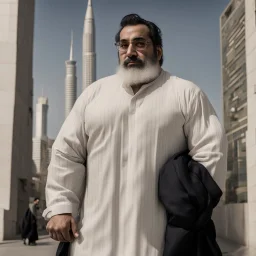 a Persian gay hairy big man in a modern street in Tehran with towers.