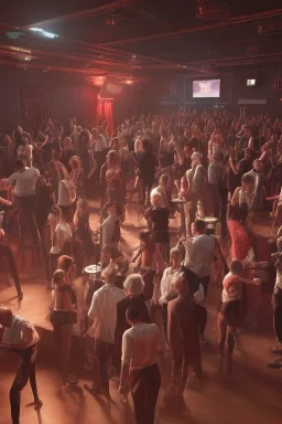 a full busy dance bar with aged people, high quality, 3d, cyborgs, post apocylpic, cinamtic, drinking