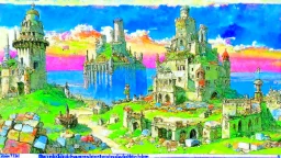 Destroyed City, medieval ruins, debris, stone, breched, brocken, Perspektiv from the sky, by Jean-Baptiste Monge, Ivan Bilibin, Albert Bierstadt, Reza Badrossama, watercolor, intricate details, fantasy, beautiful, oil on canvas, award winning, imperial colours, fantastic view, radient colours, very attractive, crisp quality