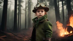 High-end state-of-the-art STEAMPUNK aesthetics flawless, A child with strong determined attitude, forest fire background, close-up shot, realistic, hard light chiaroscuro,Highest quality telescopic Zeiss Zoom lens, supreme cinematic-quality photography,walnut wood green clothes rugged, Art Nouveau-visuals,Vintage style Octane Render 3D technology,hyperrealism photography,(UHD) high-quality cinematic character render,Insanely detailed close-ups capturing beautiful complexity,8k