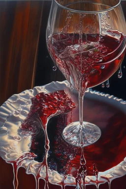 Wine drops from a fork looking down into a red wine glass in which a beautiful woman bathes on a modern kitchen counter, on embroidered lace, Hyper realistic, oil on canvas award winning fantastic view ultra detailed acrylic art Ultra realistic Impressionism Surrealism simen johan, sharp focus intricate oil on canvas cinematic lighting photorealistic high detail ultra detailed crisp quality in sunshine