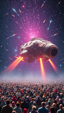 A field of random people in a bright lighting , at the end of the picture a huge complicated details texture of a colorful spaceship , lot of rockets and falling stars filling the picture