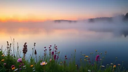 A serene lakeside at dawn with mist rising from the water, surrounded by blooming wildflowers and softly glowing fireflies. Photographic quality and detail, award-winning image, beautiful composition.