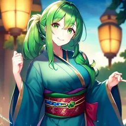 girl, masterpiece, best quality, volumetric lighting, detailed outfit, perfect eyes, long hair, green hair, green eyes, obi, low ponytail, smile,