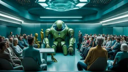 photo from the futuristic waiting room of a studio, a large crowd waits in a giant room. the aliens mutant humans, strange fantastical creatures, droids, and a few human-like beings of all sizes, colors, shaped and looks, stand in the crowd. high detalied, sharp focus, photorealistic, sci-fi style Professional photography, bokeh, natural lighting, canon lens, shot on dslr 64 megapixels , hd