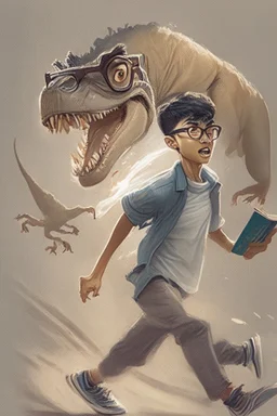 Draw Talha, a young, polite, beautiful, athletic young man, 11 years old, wearing glasses, holding a book, being chased by a T-Rex, with short hair