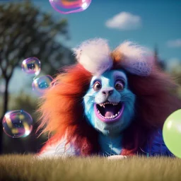 Ultra realistic circus scene. Sweet big hair monster flying, playing with Child’s, smile, happy, color bubbles, smooth color, waist up view, Wes Anderson style, a lot of people background, highly detailed, concept art, unreal engine 5, god rays, ray tracing, RTX, lumen lighting, ultra detail, volumetric lighting, 3d, finely drawn, high definition, high resolution.