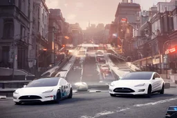 A Tesla 'Model Y' is racing at top speed, on the streets of San Francisco. (CINEMATIC, WIDE ANGLE LENS, PHOTO REAL)