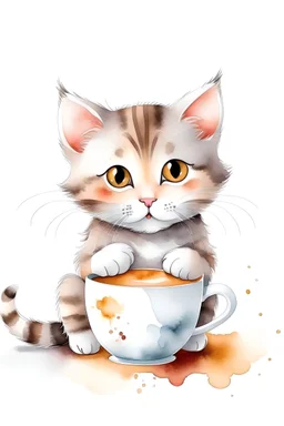 create a watercolor clipart image with a white background of 3D Cute cat with a cup of coffee