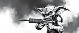 airbrush with pen outline, mongrel goblin gremlin holding uzi