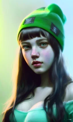 girl, cute, big boobs ,beautiful, long hair, wavy hair, green hair, blue eyes, green beanie, green suimsuit, black tee shirt, green shorts, head and shoulders portrait, 8k resolution concept art portrait by Greg Rutkowski, Artgerm, WLOP, Alphonse Mucha dynamic lighting hyperdetailed intricately detailed