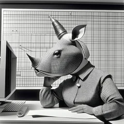 use pieces of grid mirror glass for materials, splice a headpiece with rhinoceros, 1960s office style with monitor eyes, show a sense of conformity