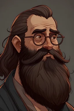 A man with an oval-shaped face. He has long, semi-thin hair on top. He has a long, dark beard. He wears glasses, with small eyes inside them, and his appearance is almost funny.