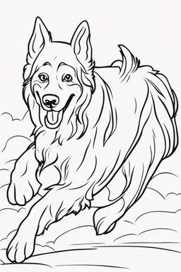 modern cartoon drawing style high contrast coloring page of a jumping dog with long hair, close up side view, dynamic pose, upper body portrait, illustration, adult coloring page, thick outline, no details