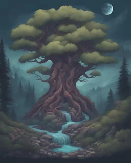 a magical tree, fantasy, detailed ,mountains and forest background, by babsdraws