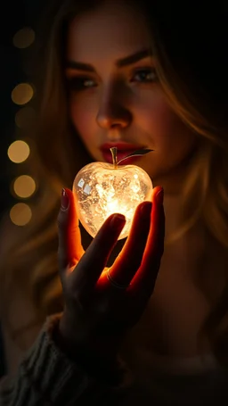 Chrystal Apple in a hand of beautiful women holding it in the dark