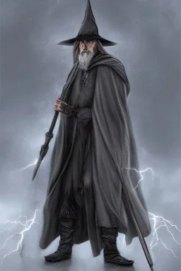 Tall Wizard, dark broody, long staff in hand, grey cloak, photorealistic, lightning background, fedora, anatomically perfect face