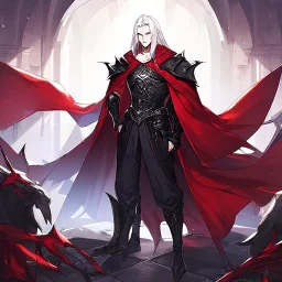 Vampire knight, young man, handsome, long white hair, black full plate armor, red cape