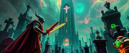 Epic portrait of paladin vs lich in tower cemetery in the style of Giger and Escher in Transparent Psychedelic Fluorescent Colors looking like a Record Cover, multidimensional depth of field