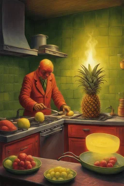 fever dream, yellow - red - green color scheme, hallucinatory color pen complex illustration, surreal lovecraftian pineapple man cooking in kitchen, dramatic volumetric lighting, splash art, concept art, noir, by Vladimir Kush assisted by Zdzislaw Beksinski, sinister, nightmarish