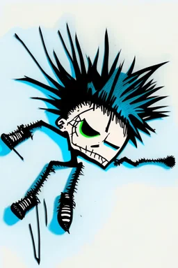 2d drawing of a stickman, cool with punk hair, x eyes like in hangman, laying flat on stomach,top view of him laying down,3d realistic in colour