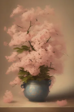 oil painting art japandi style of a pot of sakura flowers in mute tone , vintage and pinkish shade