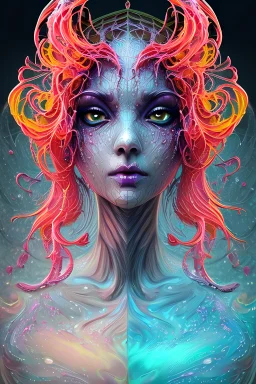 Expressively detailed and intricate calligraphy ink painting of a hyperrealistic “Spider Girl”: dripping colorful paint, cosmic fractals, dystopian, dendritic, stylized fantasy polygon art by WLOP, artgerm, peter mohrbacher, artstation: award-winning: professional portrait: atmospheric: commanding: fantastical: clarity: 16k: ultra quality: striking: brilliance: stunning colors: amazing depth: masterfully crafted.