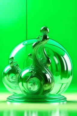 large and small glass balls figure swirling on the air, calming nerves, relaxation, in the background abstract flexible gentle statue, light shades, green tint background