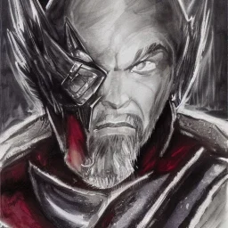 dungeons and dragons, fantasy, dwarf, dark priest, full plate armour, ironclad, dark silvery metal, dark red glow, watercolour, large strokes, distinct face, portrait, head