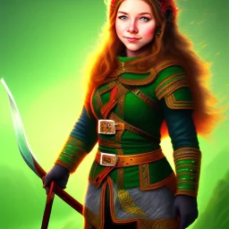 Halfling, woman, full body, red braid hair, adventurer, green eyes, magic staff