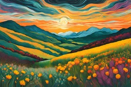 a modernist abstract lithographic print illustration of a her subconscious yearning to be as free a wild wind whispering across a vast landscape of wildflowers , striking, atmospheric, dreamlike, mystical, enigmatic, amorphous, in the style of van Gogh, in soft, vibrant plant based organic colors, boldly inked, hyper detailed , highly detailed , 4k