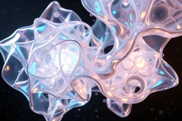 create A picture of 3d complex hypnotic fractal translucent 3D complex structures evolving and morphing, fluid geometry shifting between organic and geometric forms, iridescent glass material with internal glow and pretty bubbles inside,instances must have random translucent material smooth camera orbit, galaxy background, seamless motion, cinematic lighting, generative art style.