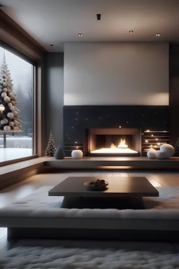 4k, christmas, snow falling outside, living room, modern house, large, fireplace, calming