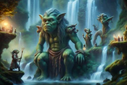 book cover oil painting of misty archeologists discovering elven woodland creatures with magical glowing bows in Rivendell worshipping big fat alien troll statues with many head and idols like from a myth, mystical dream or legend, on a strange planet with weird colors and waterfalls, bokeh like f/0.8, tilt-shift lens 8k, high detail, smooth render, down-light, unreal engine, prize winning