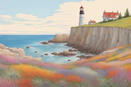 Rocky shoreline, steep pale rock cliffs, Lighthouse in the distance, Multi-colored wildflowers growing on top of the cliffs, hyperdetailed