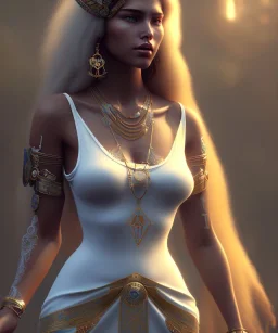 Gipsy, beautiful, curvy body, white fabric dress, beautiful long hair, bandana covering head, long earings, head and shoulders portrait, holding tarot card, 8k resolution concept art portrait by Greg Rutkowski, Unreal Engine 5 volumetric lighting