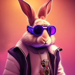 Rabbit toddler, smile, steampunk headphone, sunglass, gangsta neckless, full body, magenta puffer jacket, manila city background, dramatic lighting, hyper realistic, unreal engine 5, 16k