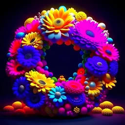 realistic, colorful flowers fill all the the circular shape, 3d lighting, masterpiece, highly detailed, accurate, 8k, creative