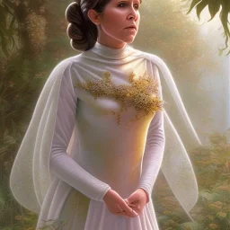 hyperspace background, complete and photo realistic detailed head to waist stunning photo realistic portrait of carrie fisher as Princess Leia in star wars with photo realistic wedding hairstyle by Mandy Jurgens and mucha and Richard Schmid and chuck close and chie yoshii, extraordinary and detailed ceremony dress of star wars,brown eyes