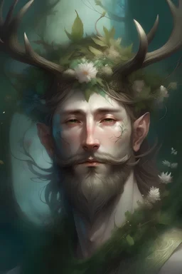 a botanical-bearded fairy prince, flowing hair, sky-eyes, symmetrical mossy antlers, intensely sad gaze, wearing a floral diadem, magical details, twilight atmosphere, in the style of ArtGerm, Alyssa Monks, Studio Ghibli, close-up, glamour shot --v 5 --aspect 9:16