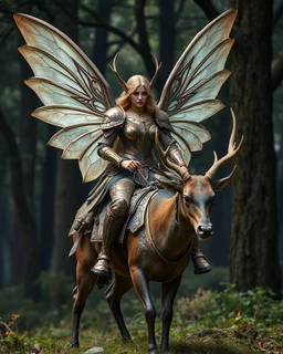 Beautiful Queen Elf Fairy wings adorned luxurious armor,she on riding deer armored,beautiful forest giant trees oaks background